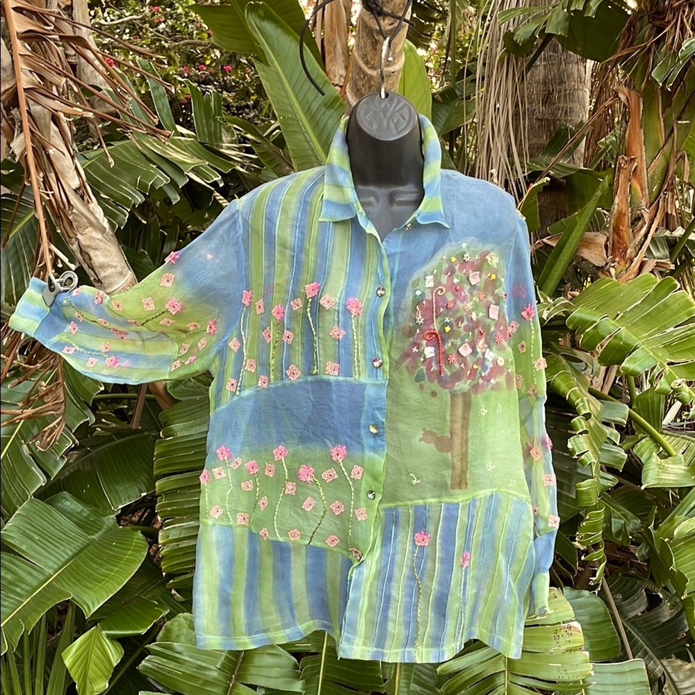 Sandy Starkman 100% silk batik and 3-D floral sheer blouse or jacket
